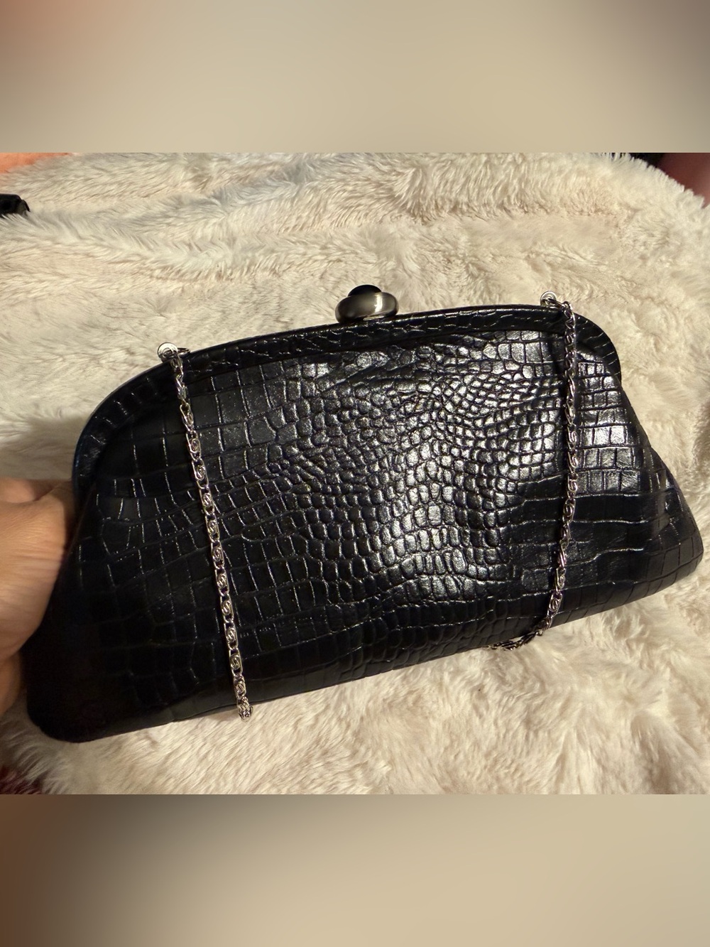 Coldwater Creek Black Croc-Embossed Evening Clutch with Chain